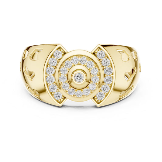 Riora luxury halo moissanite diamond statement ring in gold rose, bridal wedding jewelry with large central stone and intricate band design