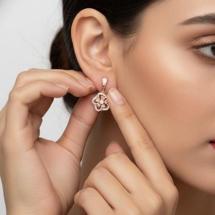 Moissanite Floral Drop Earrings for Women | Gold, Rose Gold & Silver | Bridal & Valentine Gift