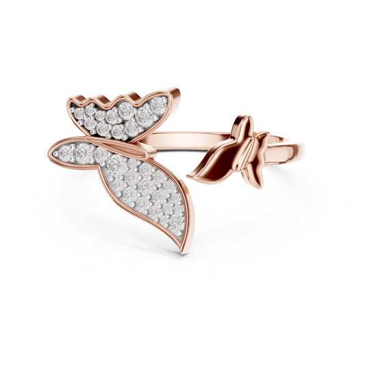 Riora moissanite butterfly ring with nature-inspired design, minimalist gold, rose gold, and silver band featuring diamond-like sparkle.
