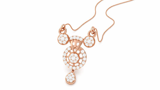 Riora Moissanite halo drop necklace with diamond look pendant in gold, rose gold, and silver, perfect for bridal jewelry.
