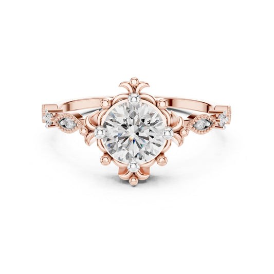 Riora floral moissanite engagement ring with round cut stone, rose gold antique-inspired bridal ring, intricate floral design.