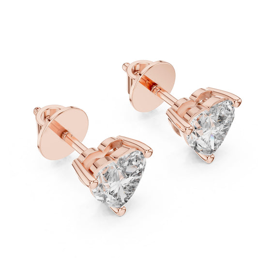 Rose gold 6mm heart-shaped moissanite stud earrings by Riora, minimalist love jewelry for women, shown on a white background.