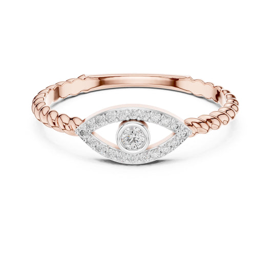 Rose gold evil eye moissanite ring with dainty diamond band, minimalist stacking jewelry by Riora, featuring eye-shaped design.
