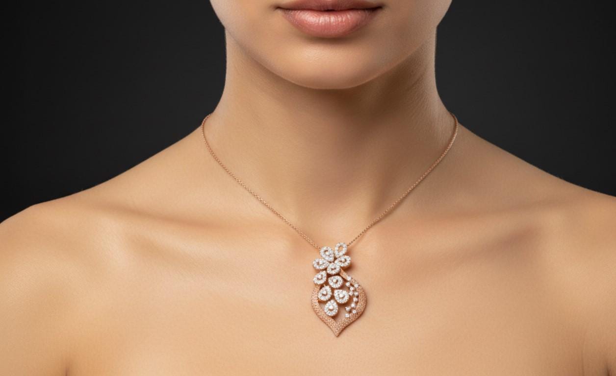 Riora floral leaf pendant necklace with gold rose silver finish, 22-inch adjustable chain, hypoallergenic jewelry for women