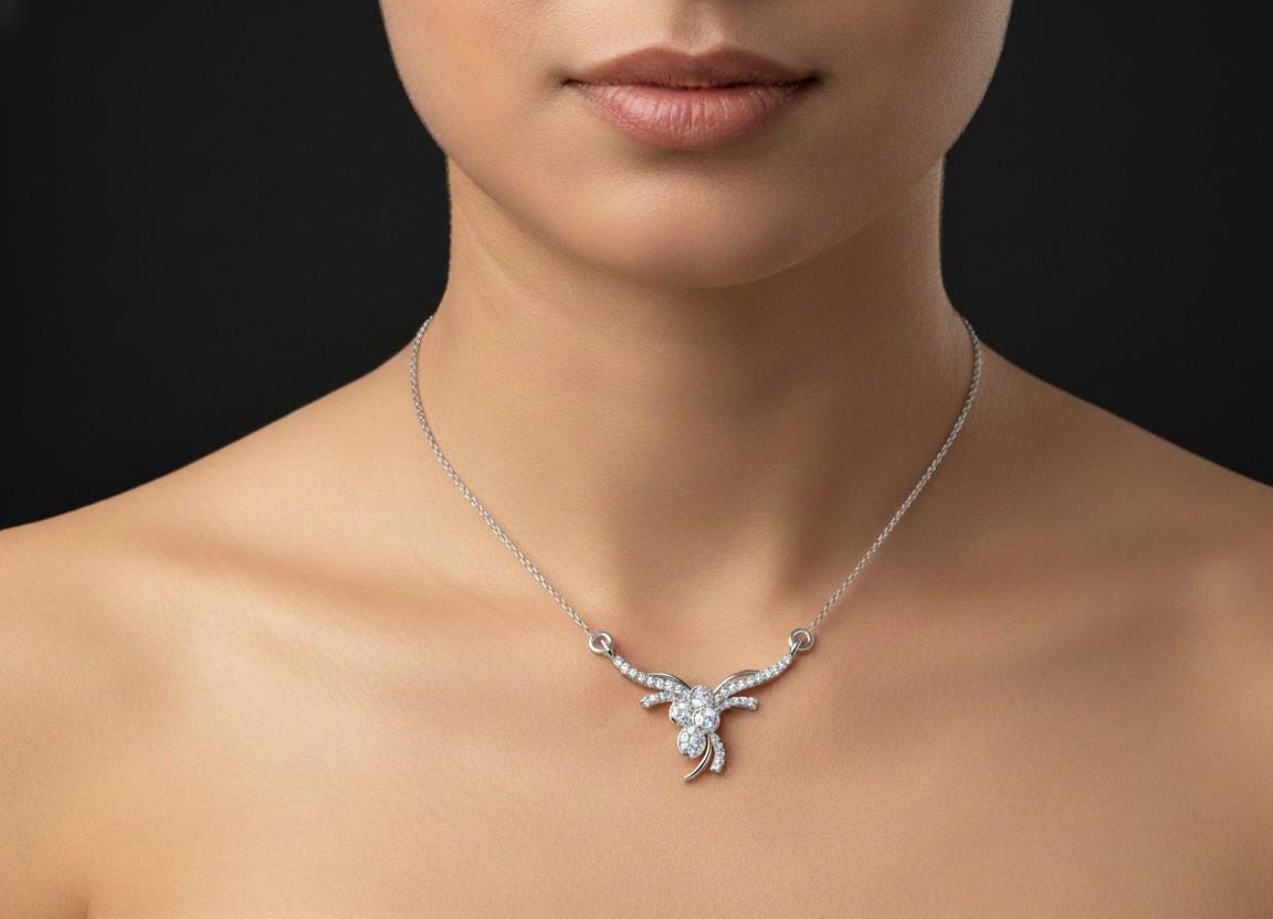 Floral Pendant Necklace, Rose Gold Silver, Adjustable 22 Inch Chain