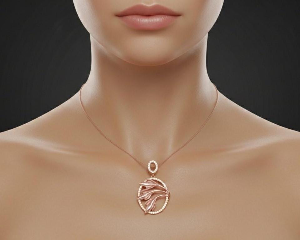 Leaf Oval Pendant Necklace, Gold Rose Silver Botanical Charm, Gift for Her Valentine