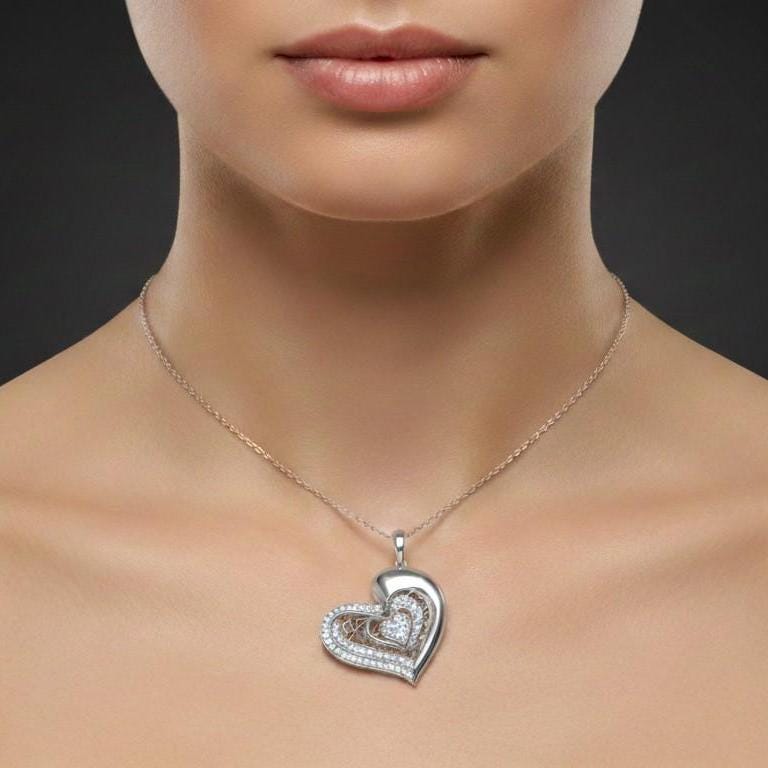 Moissanite Heart Pendant Necklace – Rose Gold Filigree, Adjustable Chain