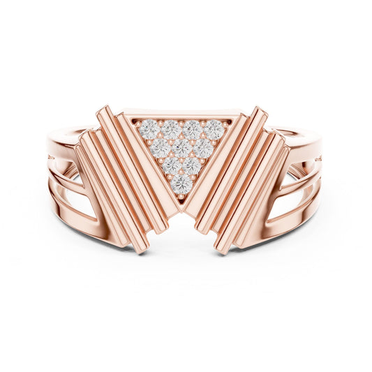 Rose gold minimalist promise ring with geometric triangle moissanite diamond by Riora, modern and elegant jewelry for women.