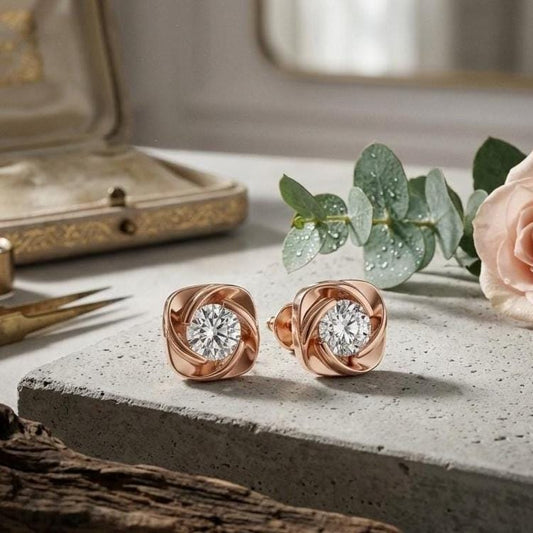 Riora moissanite diamond stud earrings in gold, rose, and silver, showcasing minimalist bridal jewelry with sparkling stones.