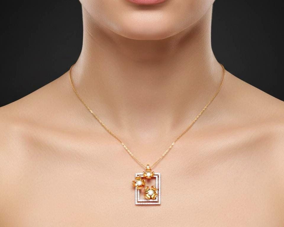 Floral Square Pendant Necklace – Gold Rose Silver, 22in Adjustable Chain, Hypoallergenic Gift for Her