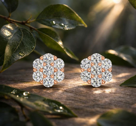 Riora moissanite diamond cluster stud earrings in gold and rose gold, dainty minimalist bridal jewelry for everyday elegance