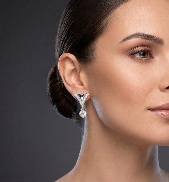 Riora moissanite drop earrings with V-shape design, rose gold and silver bridal dangle jewelry for special occasions