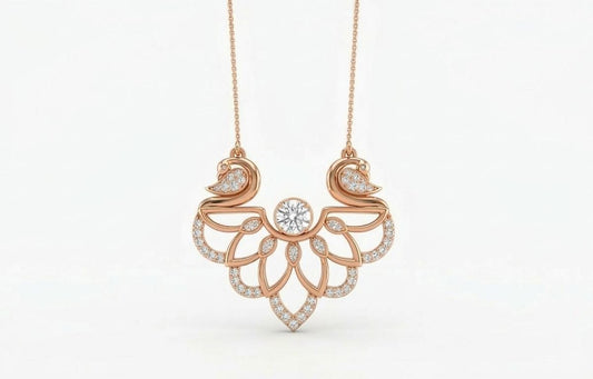 Elegant swan-shaped moissanite necklace in rose gold and silver, luxury bridal pendant with romantic jewelry design.