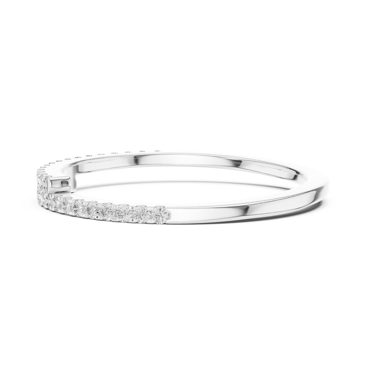 Riora moissanite curved wedding band with half eternity diamond style, rose gold minimalist stacking ring.