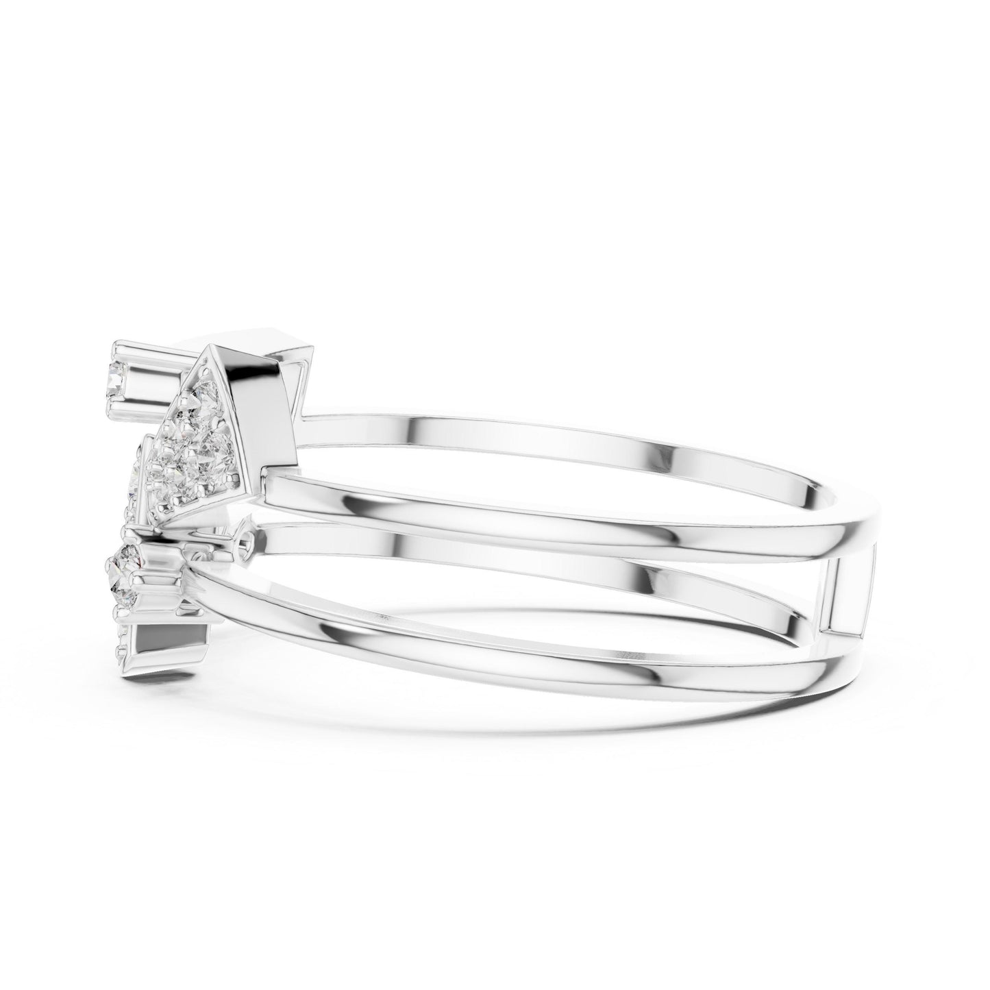Riora geometric moissanite diamond statement ring in rose gold, modern bold designer jewelry for women.