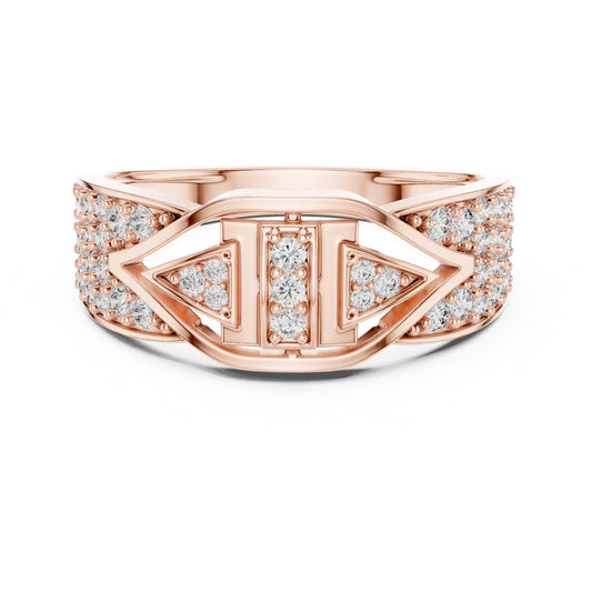 Riora Art Deco CZ triple panel wide band ring showcasing glittering cubic zirconia and sleek gold-tone design, hypoallergenic jewelry.