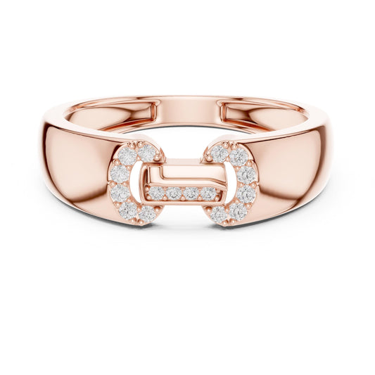 Rose gold minimalist moissanite diamond band ring by Riora, featuring dainty stacking design for wedding or anniversary jewelry.