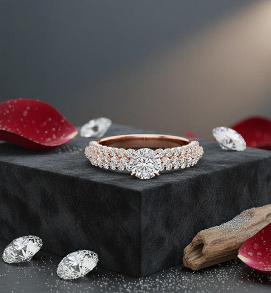 Cubic Zirconia Engagement Ring – Triple Pavé Band | Gold, Rose Gold & Silver