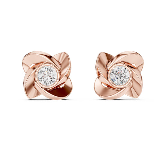 Riora floral moissanite diamond stud earrings in gold, rose, and silver with minimalist flower design, perfect for bridal jewelry.