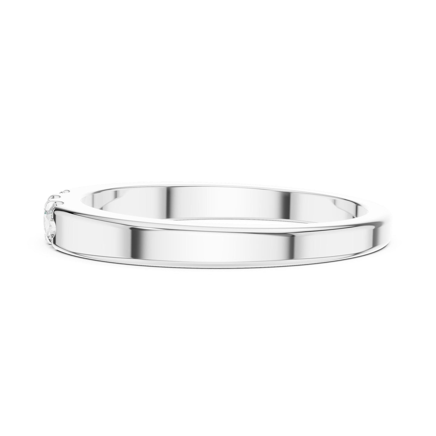 Riora moissanite wedding band in rose gold with minimalist stackable design, featuring small diamond accents for women.