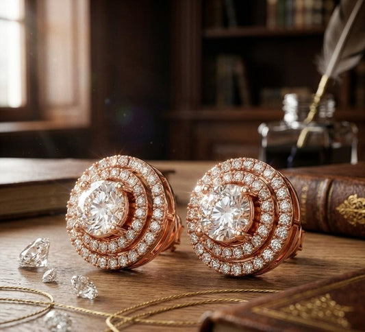 Riora luxury halo moissanite diamond stud earrings with round cut design for bridal or wedding jewelry, sparkling gift for her