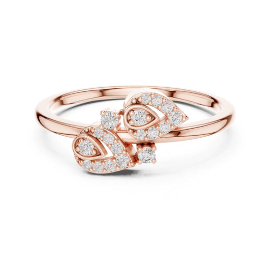 Gold rose gold leaf ring with sparkling moissanite diamonds, inspired by nature, perfect for engagement or bridal jewelry by Riora.