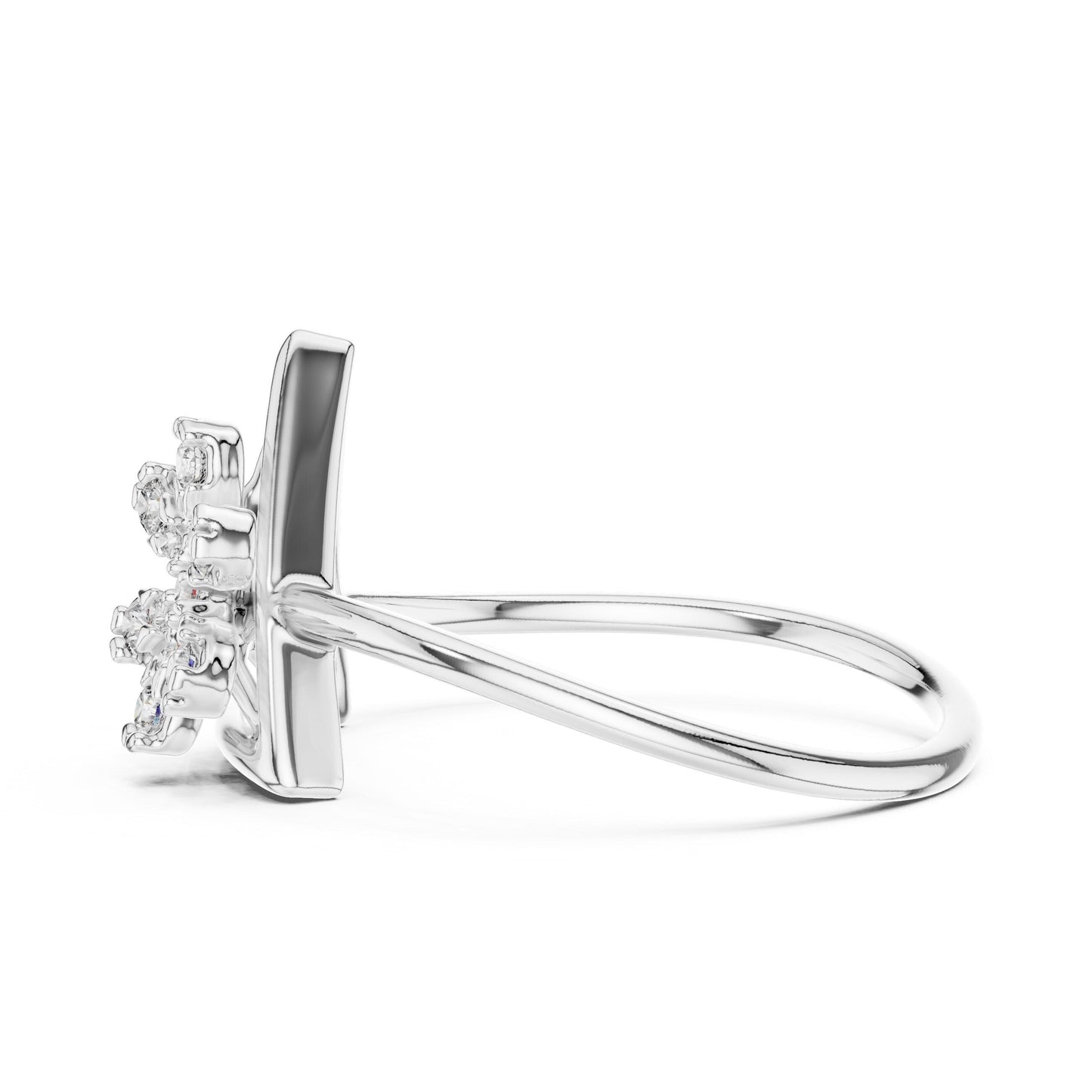 Riora Moissanite flower triangle ring with gold rose gold band, featuring geometric floral design and minimalist diamond style.