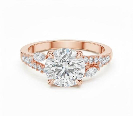 Riora luxury engagement ring in rose gold and silver with a romantic design, nickel-free bridal promise jewelry on a white background.
