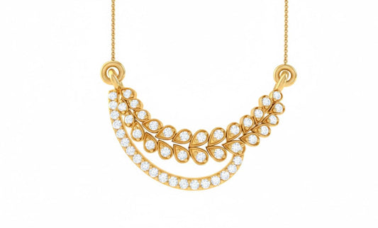 Elegant moissanite diamond leaf necklace by Riora featuring gold and silver finishes, perfect for bridal or minimalist wedding gifts.