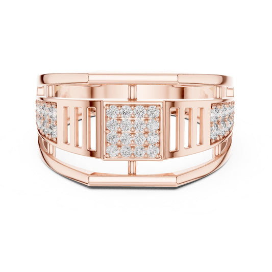 Men’s gold and rose silver CZ statement ring featuring a wide band, hypoallergenic fashion jewelry by Riora.