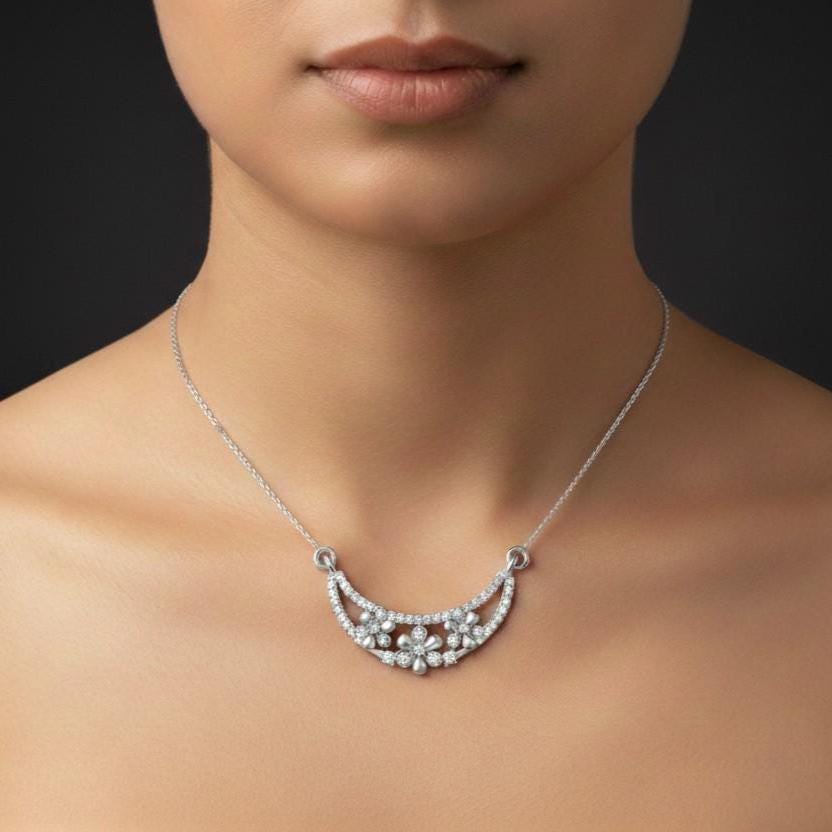 Moissanite Flower Curve Pendant Necklace – Gold Rose Silver – Hypoallergenic Statement Jewelry Gift for Her