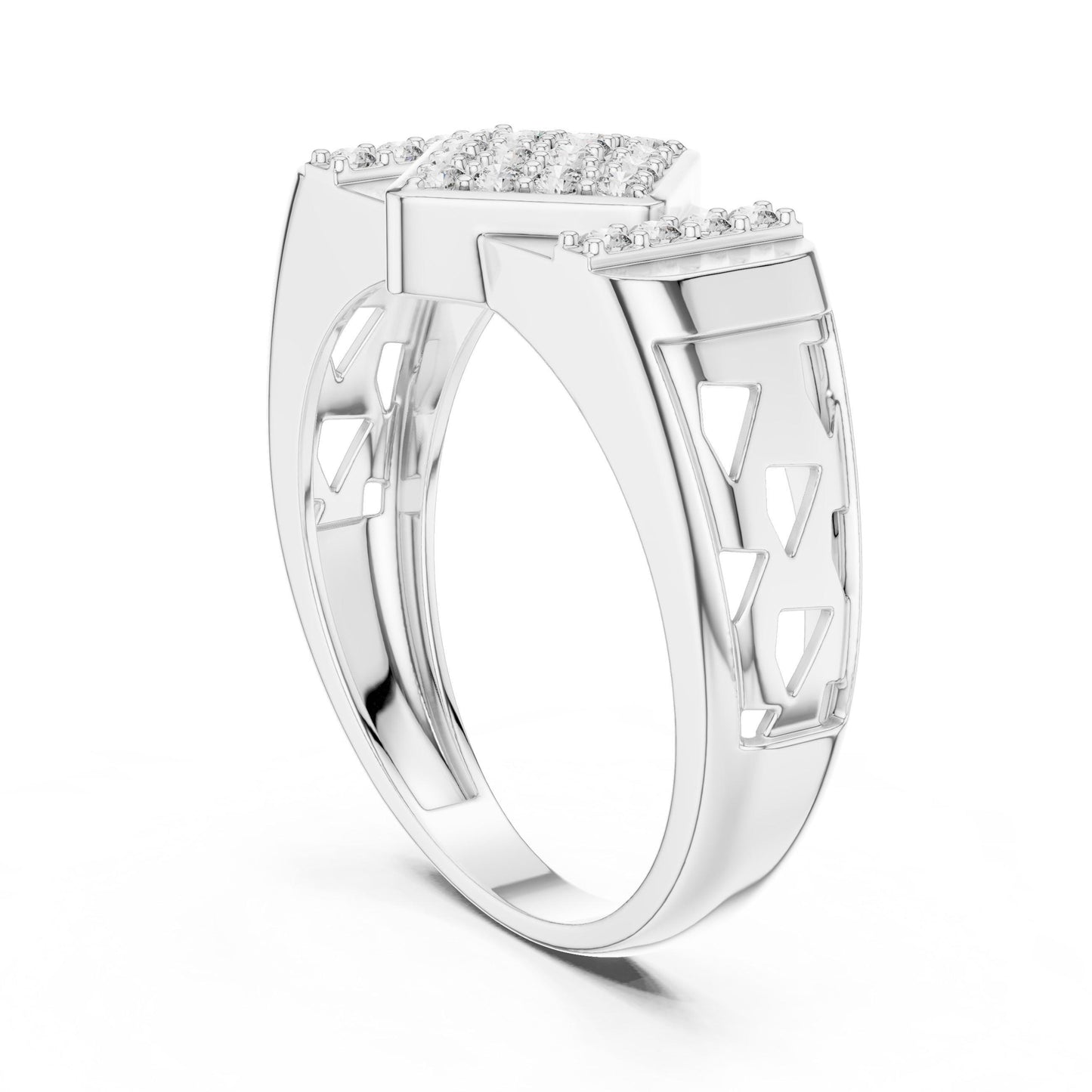 Elegant gold and rose gold moissanite diamond engagement ring with intricate band design by Riora, perfect for bridal jewelry.