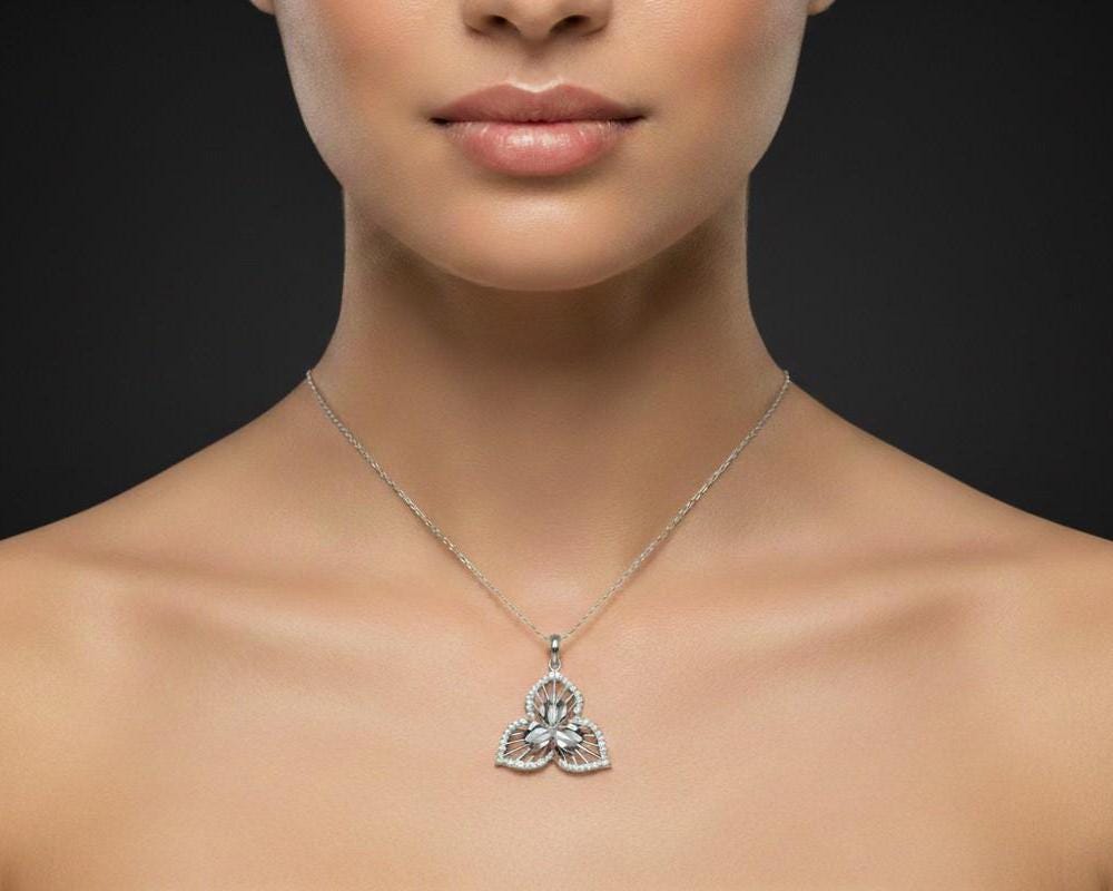 Moissanite Flower Pendant Necklace, Gold Rose Silver Floral Charm, 22in Adjustable Chain, Elegant