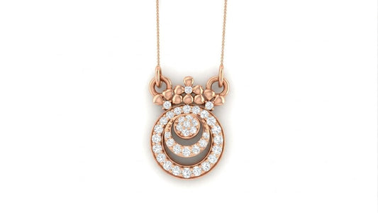 Rose gold Moissanite halo pendant necklace with a circular design, elegant minimal bridal jewelry by Riora for women.