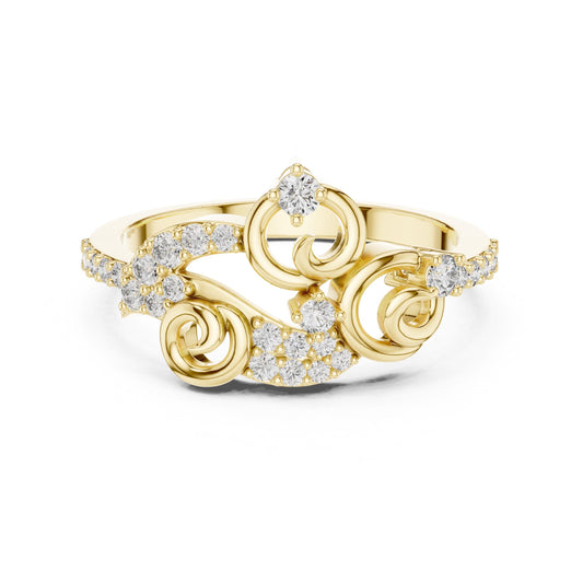 Rose gold swirled moissanite diamond ring for women by Riora, featuring an elegant twisted band and promise jewelry design.