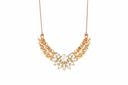 Riora Moissanite Laurel Leaf Necklace in gold and rose gold, minimalist bridal pendant with diamond-style sparkle.