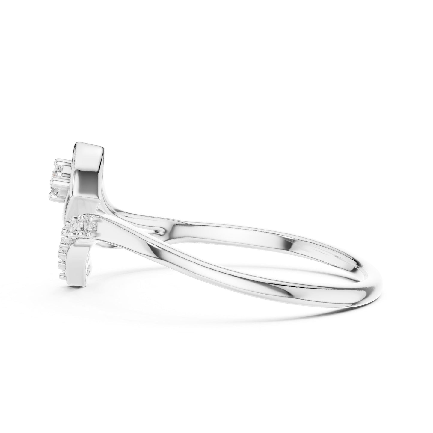 Riora moissanite wave ring with curved open design, minimalist silver and gold rose-tone engagement ring featuring diamond style accents.