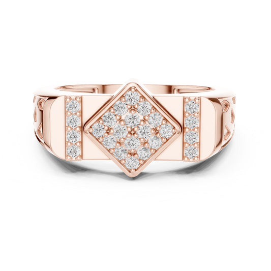 Elegant gold and rose moissanite diamond engagement ring with intricate band design, crafted by Riora for bridal jewelry.