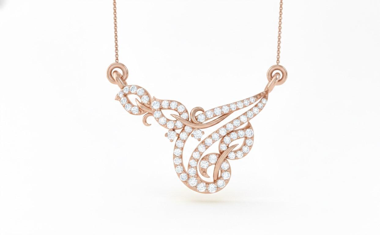 Riora Moissanite swirl pendant in gold and rose silver, elegant bridal necklace with sparkling stones, ideal for anniversaries or Valentine gifts.