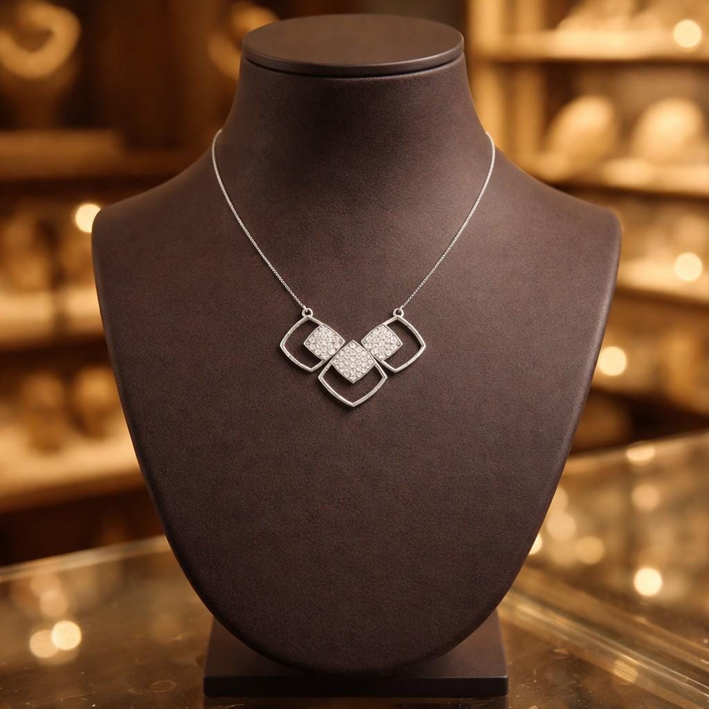 Riora moissanite geometric necklace with minimalist diamond pendant in rose gold, silver, or gold jewelry style.