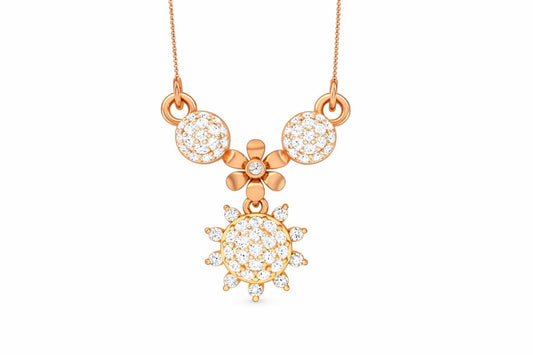 Riora moissanite floral sunburst necklace in gold, rose gold, and silver with dainty bridal jewelry pendant for women.