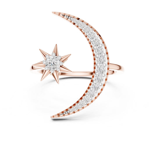 Riora celestial moon star ring with moissanite and crescent diamond, rose gold astral engagement promise band on a model's finger