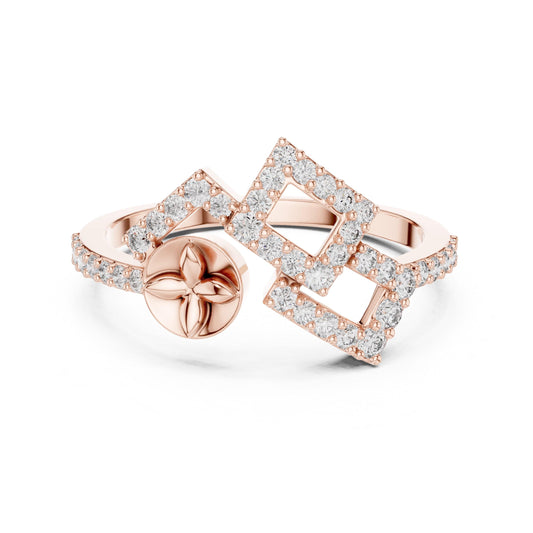Gold geometric moissanite diamond statement ring by Riora featuring modern minimalist design and dainty luxury jewelry style.