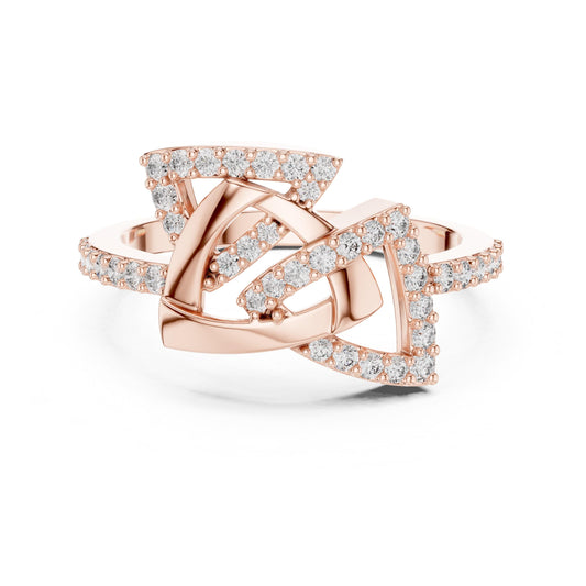 Rose gold geometric moissanite diamond statement ring with modern minimalist design, featuring bold, unique jewelry craftsmanship