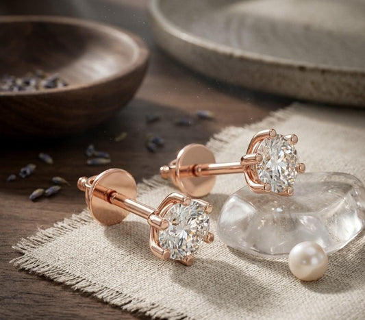 Riora rose gold moissanite diamond stud earrings, minimalist dainty jewelry for everyday wear or bridal gift, elegant and stylish.