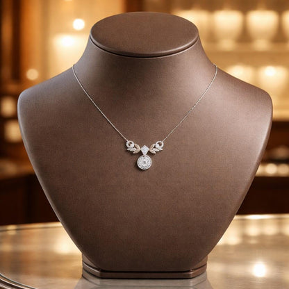 Rose gold moissanite leaf pendant necklace featuring a delicate, diamond-like design, perfect for bridal jewelry or gift-giving.