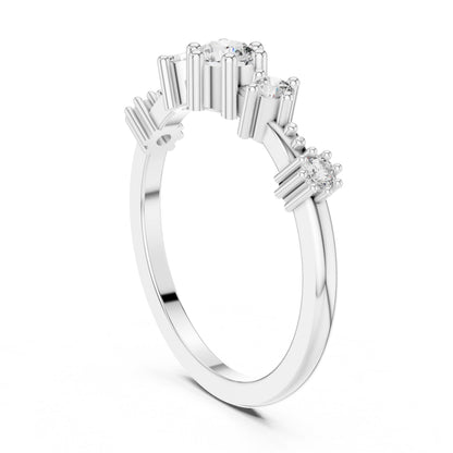 Riora Moissanite five-stone vintage engagement ring with crown prongs, rose gold band, minimalist design for women.