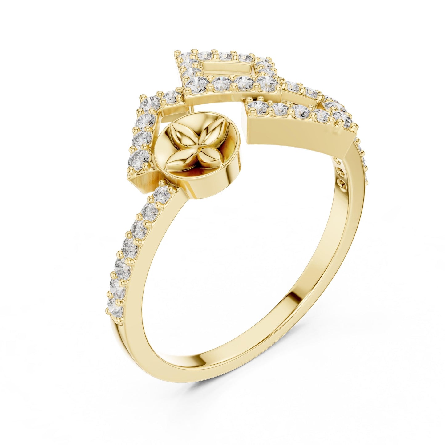 Gold geometric moissanite diamond statement ring by Riora featuring modern minimalist design and dainty luxury jewelry style.