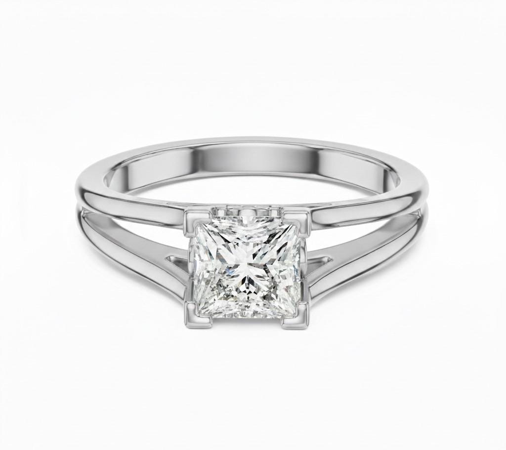 Princess cut cubic zirconia engagement ring in gold, rose, and silver by Riora, featuring a minimalist bridal promise design.