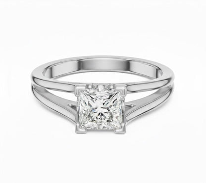 Princess cut cubic zirconia engagement ring in gold, rose, and silver by Riora, featuring a minimalist bridal promise design.
